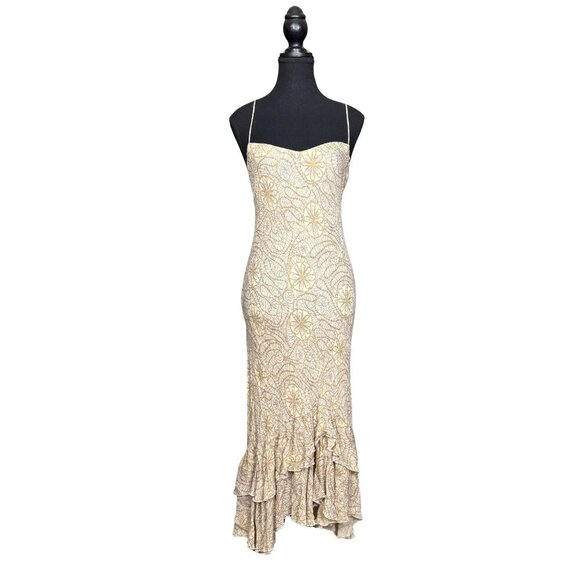 90s Beige Floral Ruffle Hem Dress Elegant Slip Style Maxi Gown Neutral - Picture 1 of 10